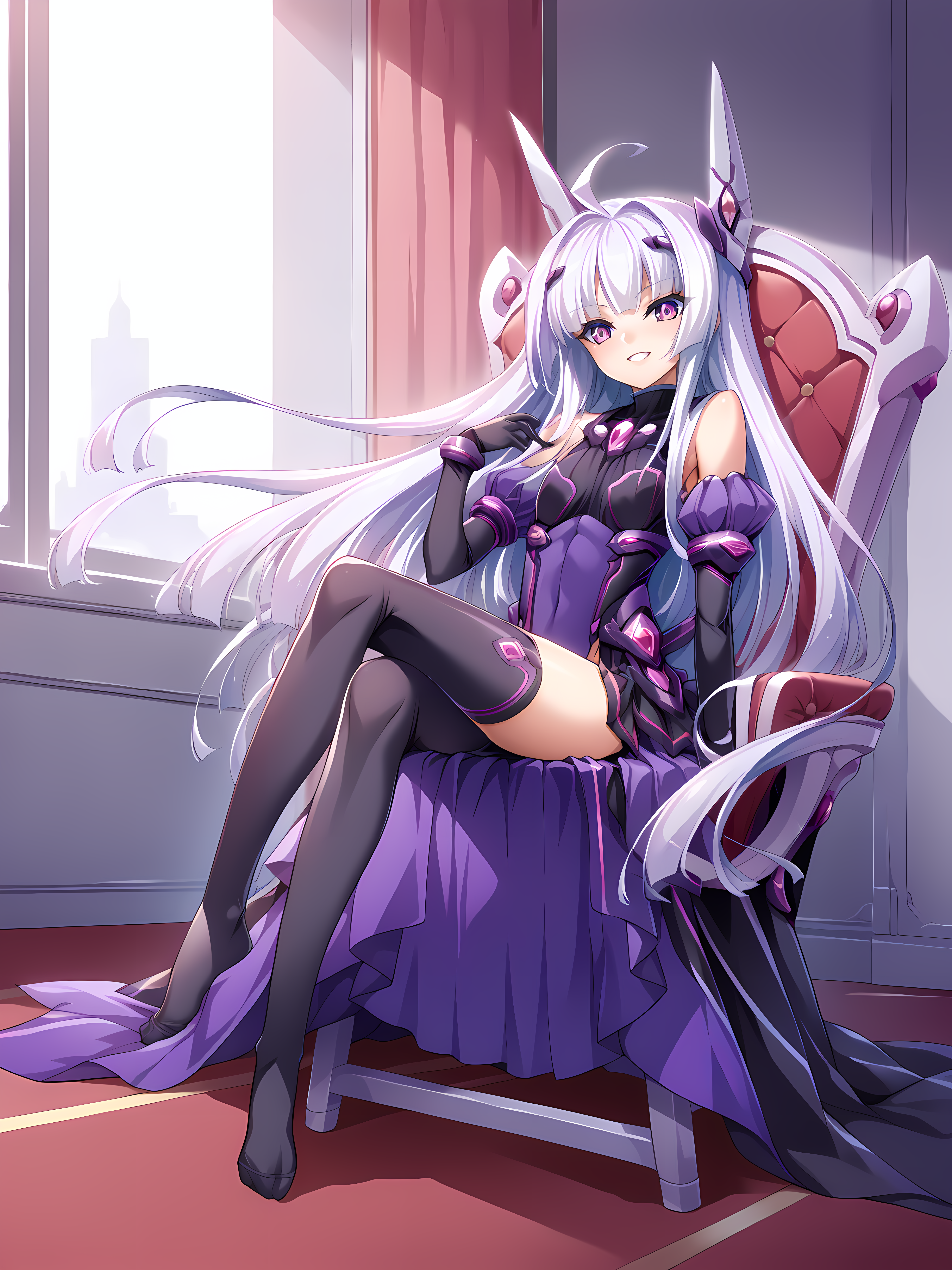 <lora:Yuri_Amakubo_-_ExS-TiA_Flora_-_Kouyoku_Senki_ExS-TiA_-_Lusterise:1>,yuri amakubo,lextia,very long hair,indoors,full body,chair,sitting,no shoes,grin,, score_9, score_8_up, score_7_up,source_anime,(masterpiece),(best quality),(ultra-detailed),(best illustration),(best shadow),(absurdres),(detailed background),(very aesthetic),source_anime