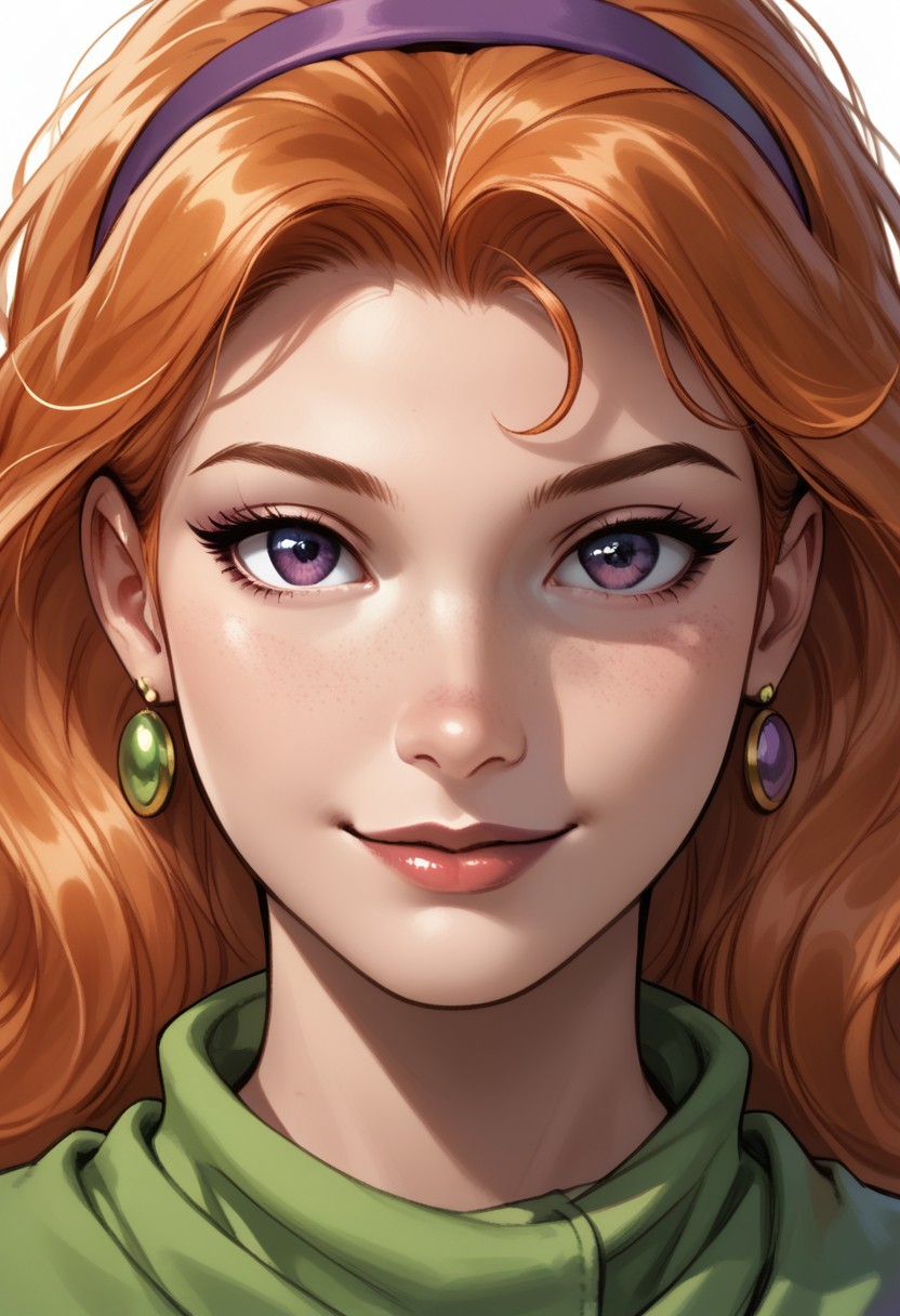 score_9, score_8_up, score_7_up, score_6_up, 
Daphne Blake, orange hair, shoulder length hair, detailed hair, violet eyes, expressive eyes, long eyelashes, red lips, soft skin, textured skin, purple hairband), (green scarf), 
, long hair, 1girl, orange hair, solo, freckles, earrings, perfect eyes,  solo, perfect face, perfect eyes, sexy, beautiful eyes, petite body, 1girl,  cute,  bright bluebell eyes, looking at viewer, seductive smile, come hither, face closeup, face focus,very close up,portrait