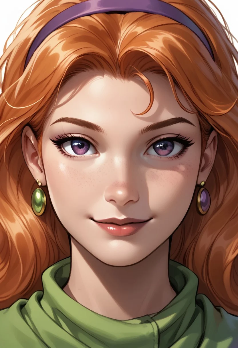score_9, score_8_up, score_7_up, score_6_up,
Daphne Blake, orange hair, shoulder length hair, detailed hair, violet eyes, expressive eyes, long eyelashes, red lips, soft skin, textured skin, purple hairband), (green scarf),
, long hair, 1girl, orange hair, solo, freckles, earrings, perfect eyes, solo, perfect face, perfect eyes, sexy, beautiful eyes, petite body, 1girl, cute, bright bluebell eyes, looking at viewer, seductive smile, come hither, face closeup, face focus,very close up,portrait