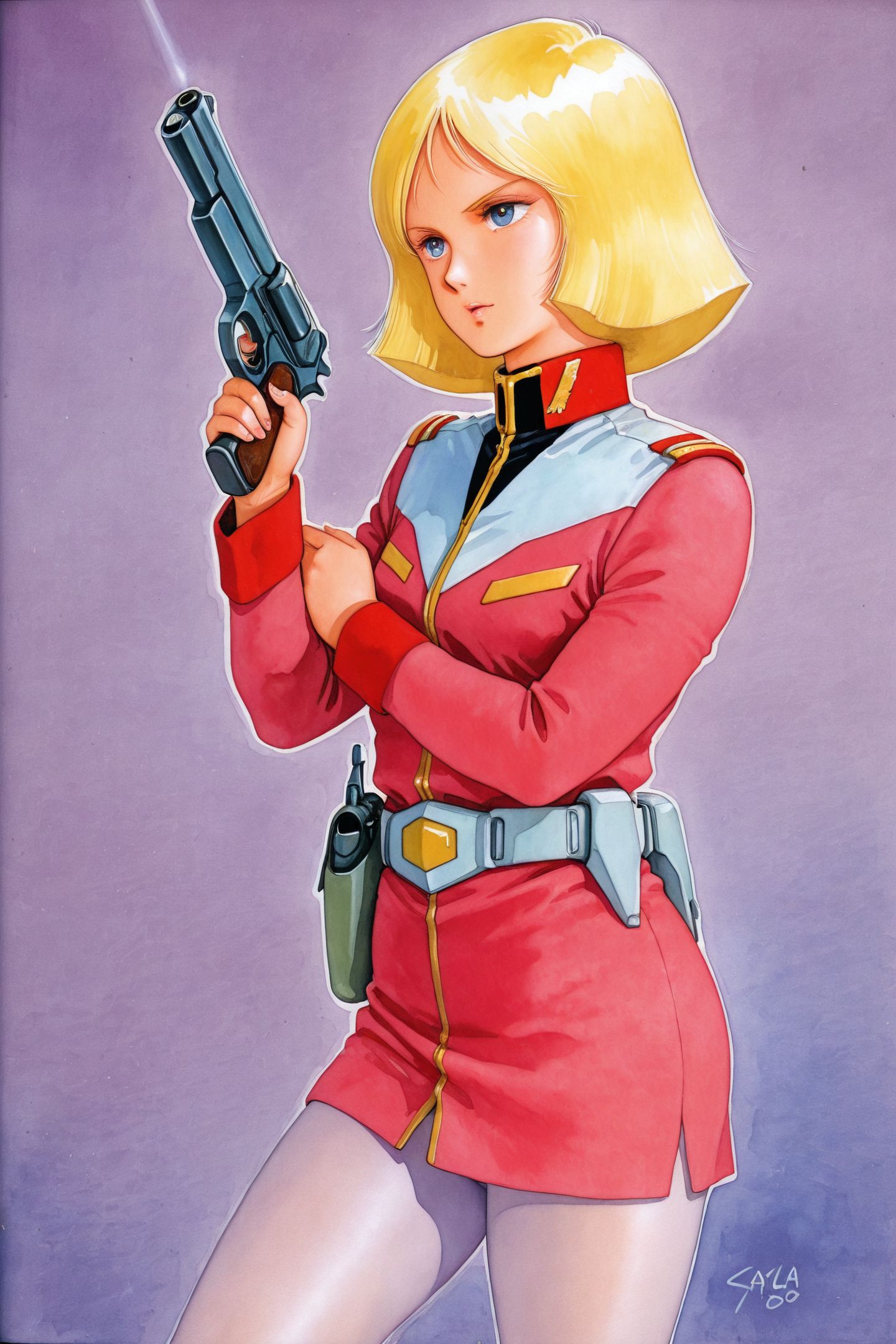 Sayla Mass,1girl,weapon,solo,gun,blonde hair,uniform,pantyhose,military,short hair,traditional media,military uniform,handgun,1980s \(style\),retro artstyle,science fiction,belt,
<lora:Yoshikazu Yasuhiko_illustriousXL:1>,