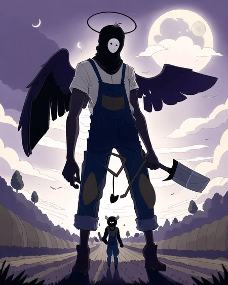 ayejaymakeart, ((best quality, masterpiece, beautiful composition,)) (farmer man, covered by shadows) long arms, arms reaching the ground, standing at a farm, at night, full moon, face covered by shadow, glinting eyes, colorful, cartoon, wearing overalls, wings, holding an axe, halo on top of head, (backlit:0.8), cool, (epic:0.7)
