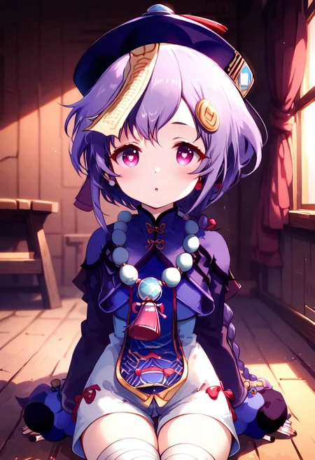 1girl,
gen-qiqi, red purple_eyes, bangs, lightpurple hair, braided ponytail, black nails, flat cheast, hair_ornament, ofuda qing_guanmao, jiangshi, dark purple hat, necklace, dress, long_sleeves, white shorts, white_legwear bandaged_leg, thighhighs
skinny, petite, (youthful looking:1.6), (tiny body), extra petite, very small body, extra short, cute, heart eyes, tiny breasts
BREAK
sitting, facing viewer, legs, expressive, detailed lighting, cabin, closeup