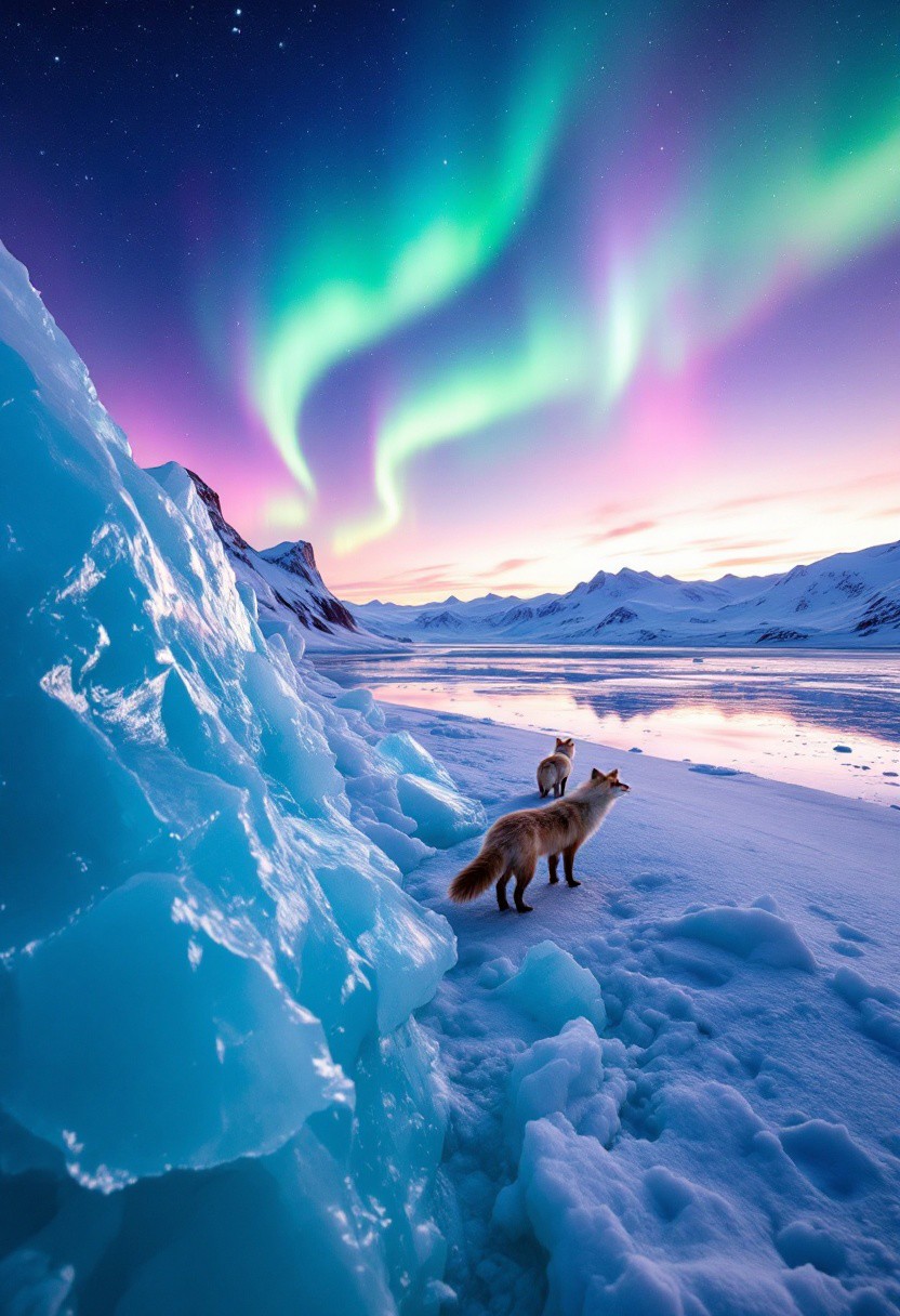 On the polar glacier, the azure icebergs reflect the aurora in the sky. Bands of green and purple lights dance in the night sky, with vast snowy expanses in the distance, dotted with a few leisurely walking Arctic foxes, creating a tranquil and mysterious scene.