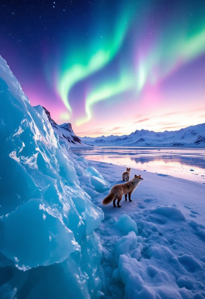 On the polar glacier, the azure icebergs reflect the aurora in the sky. Bands of green and purple lights dance in the night sky, with vast snowy expanses in the distance, dotted with a few leisurely walking Arctic foxes, creating a tranquil and mysterious scene.