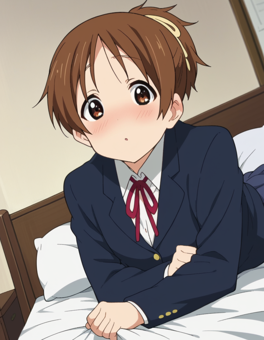 score_9, score_8_up, score_7_up, source_anime,
uihirasawa, <lora:ui-hirasawa-s2-ponyxl-lora-nochekaiser:1>,
ui hirasawa, short hair, brown hair, brown eyes, ponytail,
sakuragaoka high school uniform, school uniform, uniform, blazer, shirt, white shirt, collared shirt, skirt, pleated skirt,
indoors, bed, bed room, on side, blush, drunk,
looking at viewer, cowboy shot, dutch angle, solo,