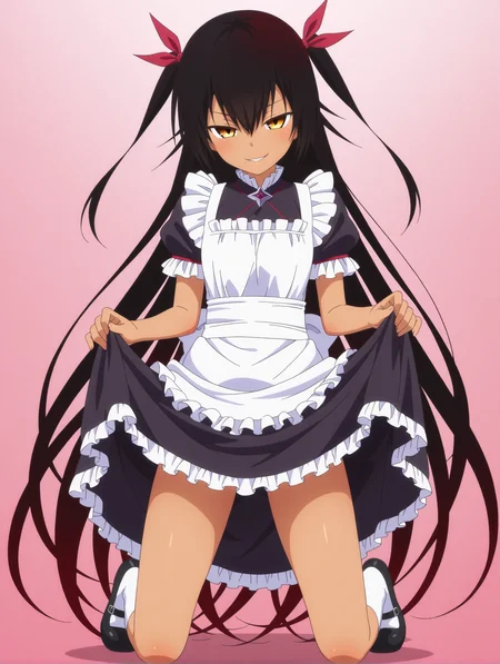 <lora:nemesis_1:1>,nemesis,seductive smile,hair ribbon,maid,full body, skirt lift
