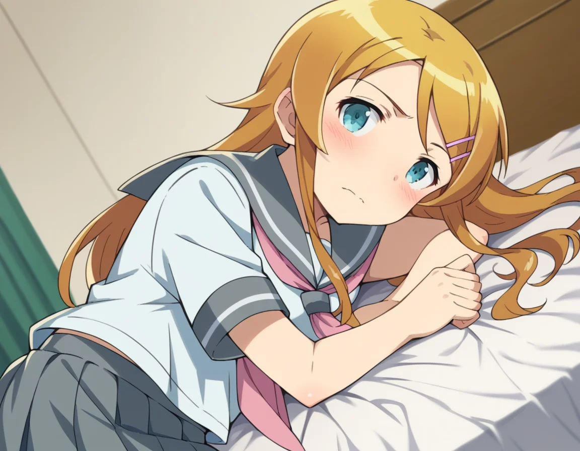 score_9, score_8_up, score_7_up, source_anime,
kirinokousaka, <lora:kirino-kousaka-s2-ponyxl-lora-nochekaiser:1>,
kirino kousaka, long hair, blue eyes, hair ornament, hairclip, orange hair, aqua eyes,
skirt, school uniform, serafuku, shirt, white shirt, grey sailor collar, grey skirt, pleated skirt, neckerchief, pink neckerchief,
indoors, bed, bed room, on side, blush, drunk,
looking at viewer, cowboy shot, solo, dutch angle,