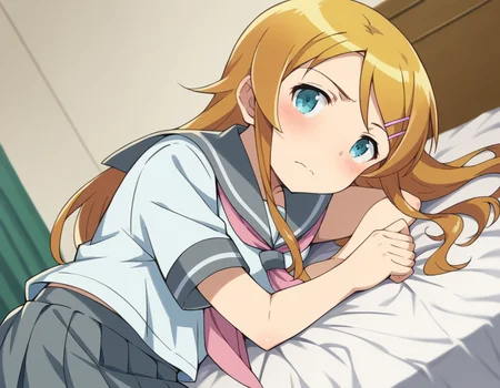 score_9, score_8_up, score_7_up, source_anime,
kirinokousaka, <lora:kirino-kousaka-s2-ponyxl-lora-nochekaiser:1>,
kirino kousaka, long hair, blue eyes, hair ornament, hairclip, orange hair, aqua eyes,
skirt, school uniform, serafuku, shirt, white shirt, grey sailor collar, grey skirt, pleated skirt, neckerchief, pink neckerchief,
indoors, bed, bed room, on side, blush, drunk,
looking at viewer, cowboy shot, solo, dutch angle,