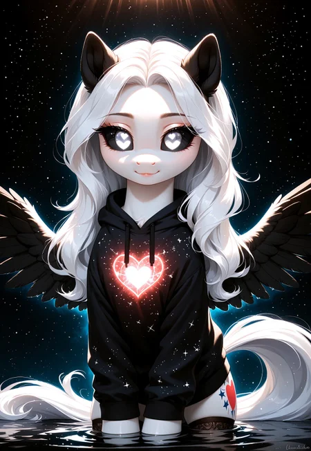 score_9, score_8_up, score_7_up, score_pony, zPDXL3, Albina, 1girl, wild pony, pony, white fur, white long hair, (black sclera:1.1), white eye, glowing white eyes,( black wings:1.2), black ears, in hoodie, stockings, cute, (masterpiece), best quality, abstract, abstract art, illustration, anime, (red hearts), simple background, (black background), melting, detailed, cosmic print, water, constellations, BREAK (masterpiece:1.3), (best quality:1.3), (ultra-detailed:1.3), (cinematic lighting:1.2), (depth of field:1.1), (sharp details:1.1)