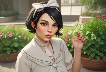 zPDXL, zPDXLxxx, BREAK <lora:emily_kaldwin:0.8>, emily_kaldwin, 1girl, hairband, black hair, bow, white hair bow, short hair, nose, outdoors, white dress, white neckerchief, lips, looking at viewer, garden