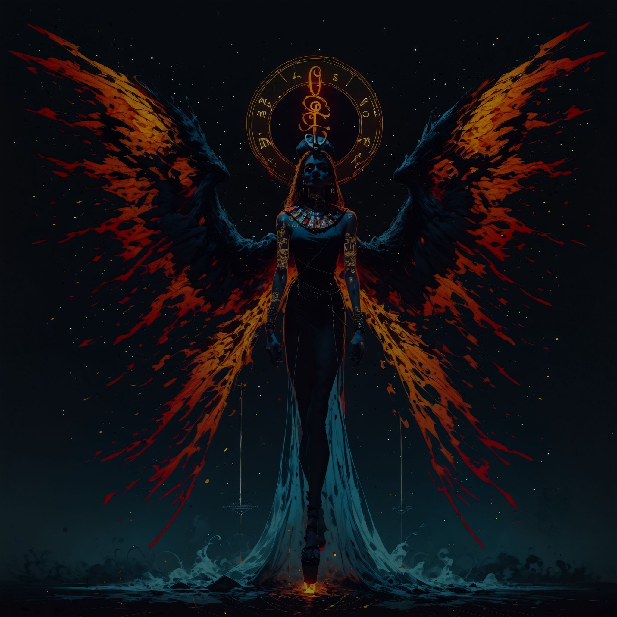 (score_9, score_8_up, score_7_up), (neon sign with  characters number 100, cypberpunk,  egyptian city,  ,  thick lineart, sharp edges),
Generate a stunning art style, a true [masterpiece] of art. The image showcases [detailed linework], [dynamic shading], and [dramatic lighting], bringing to life a fiery atmosphere. The cinematic scene depicts a beautiful girl (floating: 1) in space, surrounded by the dark void. Her (full_body: 1.5) is suspended in the dark, drifting weightless. Cosmic horrors beyond comprehension lurk in the shadows. Her dark_skin is lined with intricate_patterns of bright fluorescent [neon tattoos]. Her full_body is suspended in the void. A halo. Flaming wings are sprouting from her back. Within her a fire seems to be burning. The foreboding atmosphere is heavy with the knowledge that something is not right. The scenery is lit by the fires:1.5, its lava flowing. It casts deep shadows.
<lora:Concept Art Twilight Style SDXL_LoRA_Pony Diffusion V6 XL:0.8> <lora:Bad_Hands_lora:0.8> <lora:add-detail-xl:0.8> <<lora:GRIM_v1:0.8>
