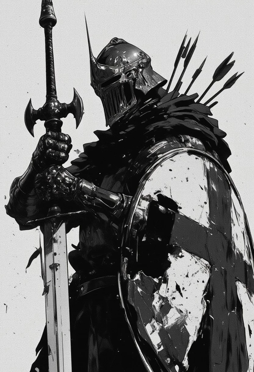 A medieval crusader dressed in armor, holding a large sword with one hands. He wears a helmet with a visor, and his body is covered in a tattered cape. The knight also carries a large shield with a bold cross on it, pierced by several arrows. The overall style is black and white, with a dramatic and intense atmosphere, GHIBSKY style painting