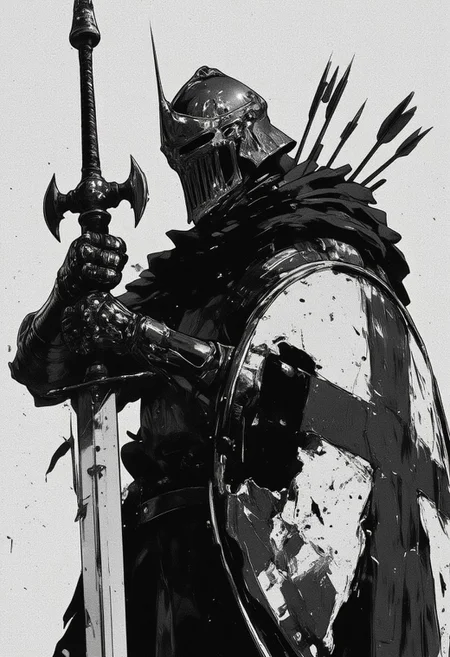 A medieval crusader dressed in armor, holding a large sword with one hands. He wears a helmet with a visor, and his body is covered in a tattered cape. The knight also carries a large shield with a bold cross on it, pierced by several arrows. The overall style is black and white, with a dramatic and intense atmosphere, GHIBSKY style painting