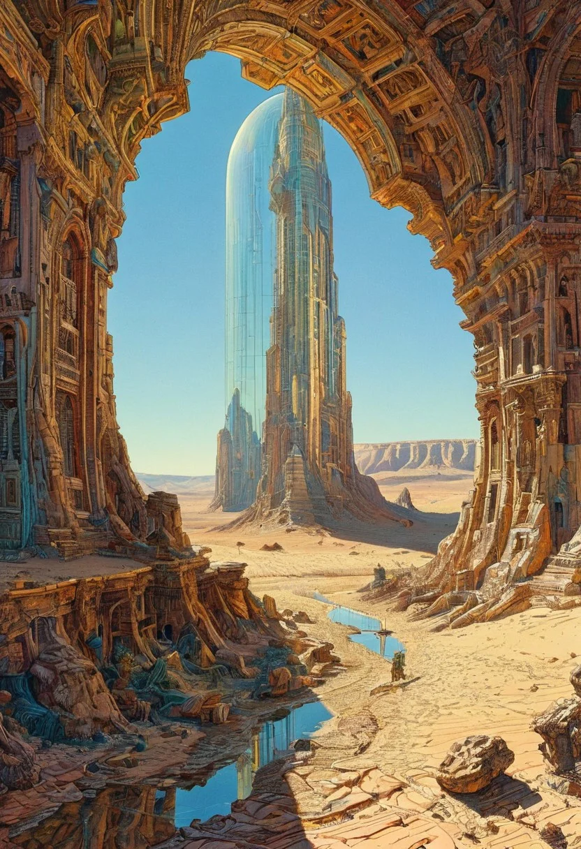 appears trapped in an optical illusion of reflections and refractions. Illustration by moebius, a tower in a desert, intricate details, natural lighting, volumetric lighting maximalist. intricately detailed, complex, elegant, expansive, fantastical, film photography style, medium grain, FRESHIDESH Moebius comic book