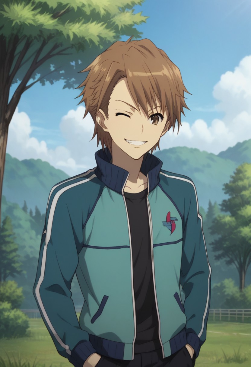 score_9, score_8_up, score_7_up, source_anime, highly detailed, 
naoya, 1boy, brown hair, short hair, male focus, brown eyes, smile, jacket, grin, one eye closed, hand in pocket, track jacket, pants, upper body
outdoor, sky, tree