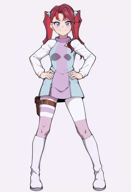 best quality, amazing quality, very aesthetic, absurdres, thick lineart,
1girl, ray akaba, red hair, twintails, hair ornament, purple eyes, long hair,
dress, pantyhose, thighhighs, boots, thigh strap,
full body, standing, hands on hips,
smile, looking at viewer, solo, simple background, white background, <lora:RayAkabaNoobXL_byKonan:1>
