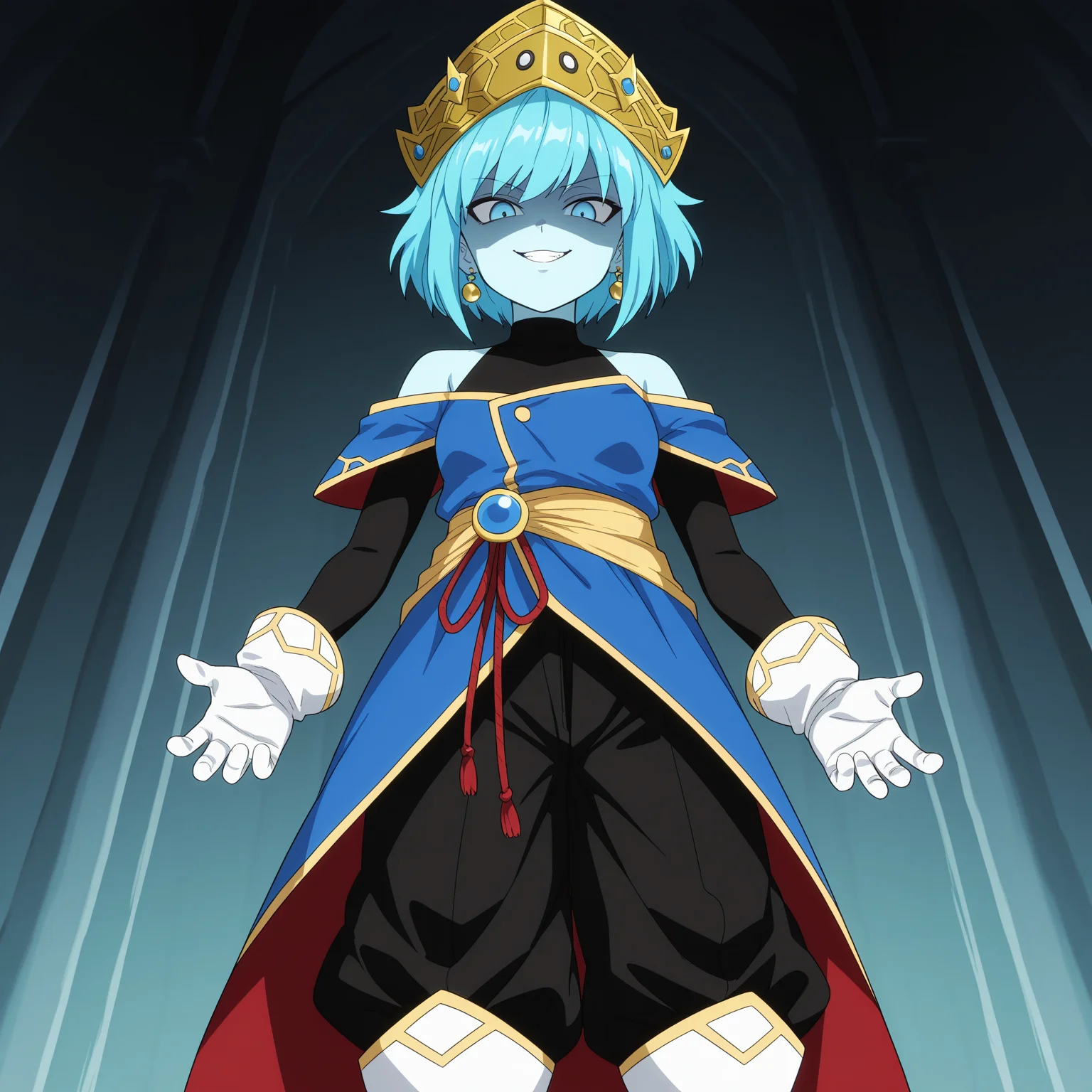 masterpiece, best quality, amazing quality, anime screencap, 1girl, solo, standing, cowboy shot, from below, evil smile, shaded face, <lora:AeosDB:0.9>, aeosDB, blue hair, short hair, blue eyes, blue skin, small breasts, earrings, crown, black undershirt, bare shoulders, blue off-shoulder coat, black baggy pants, white gloves, white boots,