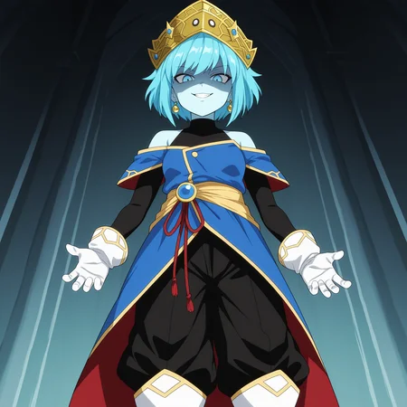 masterpiece, best quality, amazing quality, anime screencap, 1girl, solo, standing, cowboy shot, from below, evil smile, shaded face, <lora:AeosDB:0.9>, aeosDB, blue hair, short hair, blue eyes, blue skin, small breasts, earrings, crown, black undershirt, bare shoulders, blue off-shoulder coat, black baggy pants, white gloves, white boots,