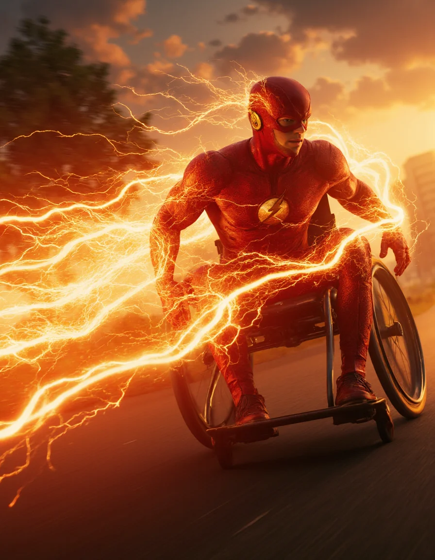 barry allen the flash on wheelchair moving at supersonic speed creating flame trails, speed trails, motion blur, electricity speed outdoor, realistic highly detailed cinematic cinematography, movie shots footage,
