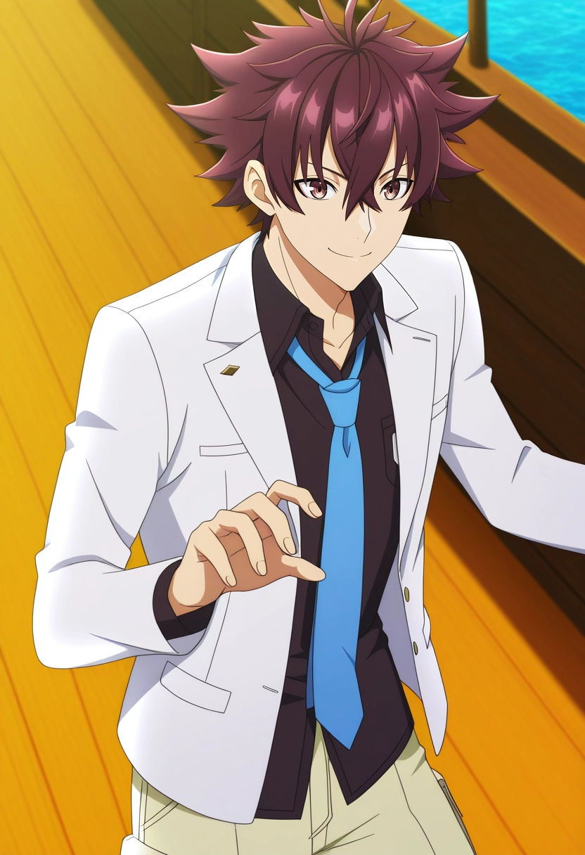 masterpiece, best quality, anime screencap, official style, anime coloring, cowboy shot, 1boy, solo, male focus, <lora:yuuya_tenjou_ilxl:0.9>, yuuya_tenjou, brown hair, brown eyes, short hair, hair between eyes, spiked hair, bangs, white jacket, blue necktie, black shirt, collared shirt, focused, boat, ship, noon, villain pose, smile, Light orange Convertible cargo pants, Poplin Harlequin Henley long-sleeve shirt, , , and