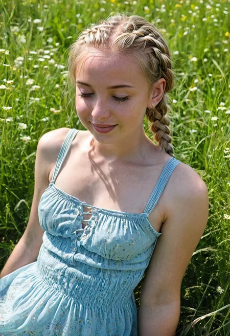 epiCRealism, profesional portrait in UHD of a ((blonde girl with intricate detailed braids)), ((ultra-dynamic angle)), reclined and basking in the radiant beauty of a blooming meadow , happy, smiling, half closed eyes, relaxed, wearing a translucent light blue sundress with very thin straps that slip down from her shoulders revealing the curve of her breasts, perspiration, blush, freckles, natural skin, puffies, a golden pendant matching small golden earrings, eyedetailpxl