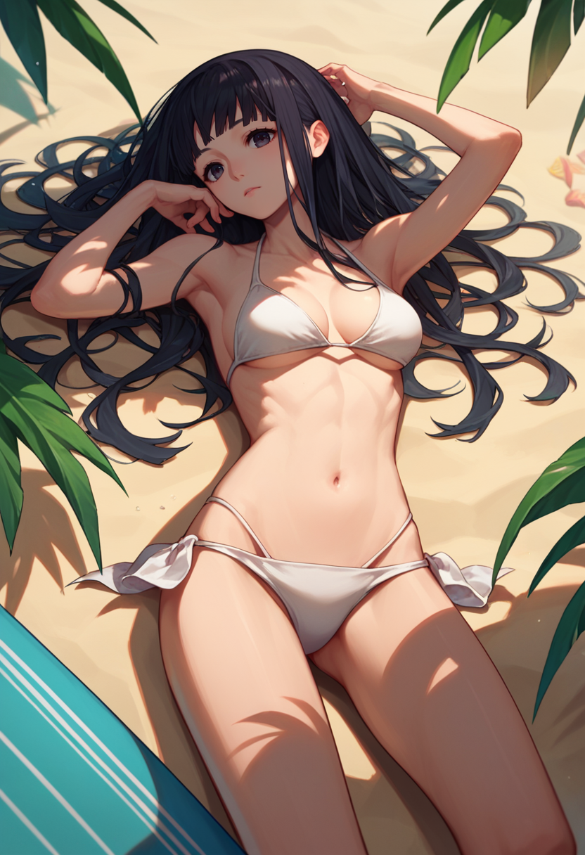 score_9, score_8_up, score_7_up, 1girl, source anime,  Rinne, long hair, black hair, black eyes, bikini, beach,  <lora:Rinne DoRA5-000007:1>