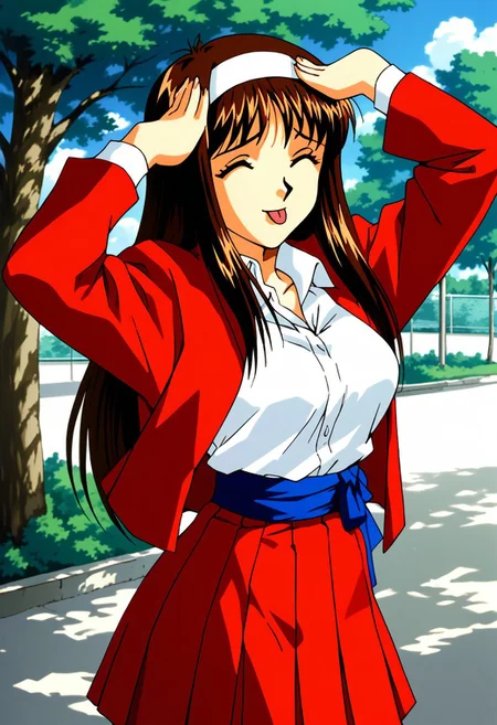 score_9, score_8_up, score_7_up, source_anime, Yuuki_Mizuho_OVA, 1990s \(style\), anime coloring, 1girl, solo, long hair, brown hair, white hairband, breasts, school uniform, red skirt, red blazer, blue ribbon, open jacket, shirt, white shirt, sash, blue sash, looking at viewer, cowboy shot, outdoor, day, schoolyard, tree, AhEtoBlehMeme, closed eyes, tongue out, :p, hands on own head, smile,