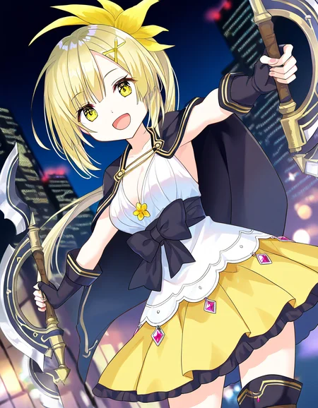 masterpiece, best quality, newest, absurdres, highres, safe, 1girl, yusa hazuki, magia record: mahou shoujo madoka magica gaiden, hair flower, holding weapon, dual wielding, smile, open mouth, solo, city, night, dutch angle, <lora:yusa_hazuki_noobaiXLNAIXL_vPred10Version:0.7>