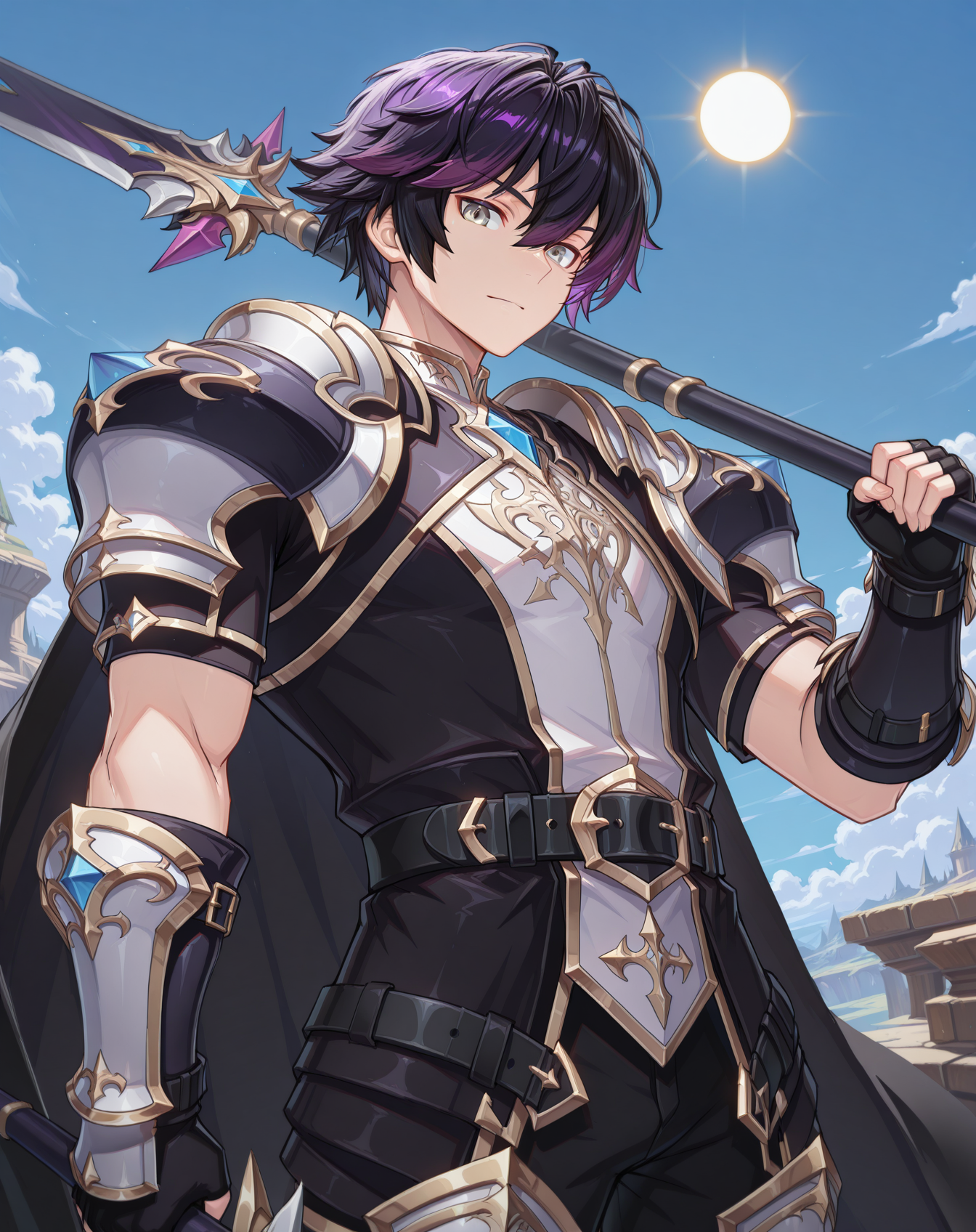 masterpiece, amazing quality, best quality, absurdres, very aesthetic,
1boy, solo, yaoi, male focus, cowboy shot, upper body, looking at viewer, face focus,
<lora:Sieghart_T_Default_ilxl:1> siegtdefault, black hair, multicolored hair, purple hair,hair between eyes, short hair, two-tone hair, grey eyes,
fingerless gloves, shoulder armor, black cape, black belt, black gloves, armored boots, black pants, fantasy, gauntlets, pauldrons, shirt, short sleeves,
holding weapon, holding polearm,holding sword, dual wielding, spear,weapon over shoulder, 
outdoors, day, blue sky, sun,