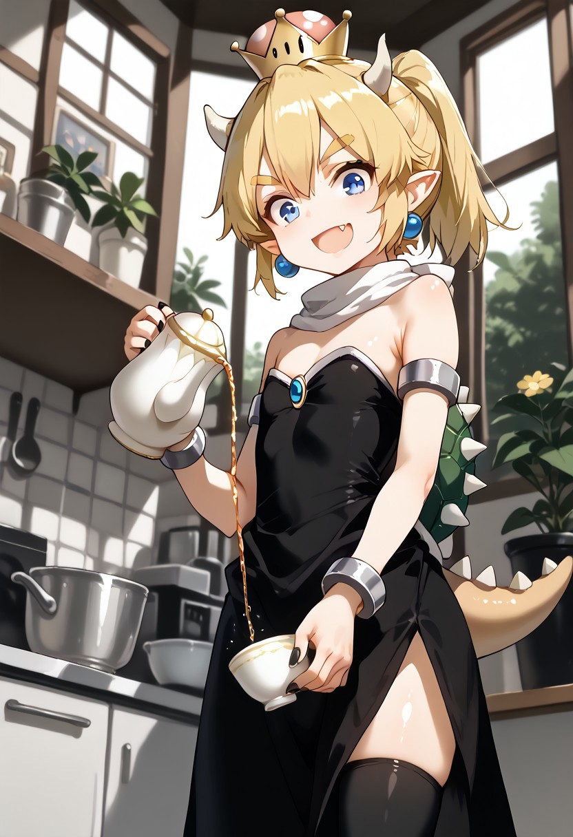 score_9, score_8_up, score_7_up,
source_anime,BLE,
BREAK 
1girl,blonde hair, bangs, fang,   horns, pointy ears,ponytail,hair between eyes, thick eyebrows, flat chest, super crown,earrings, armlet, jewelry, bracelet, tail,spikes, spiked shell, turtle shell, black nails, fingernails, nail polish, dress, black dress, white scarf, thighhighs, blue eyes, 
chibi,
smile,
wide eyes,
open mouth,
BREAK
pouring, (holding cup, holding teapot),
shiny skin, shiny, oily skin, oily face,shiny face,
kitchen,window,sunlight,house plant,flower,
from side,from below,
looking at viewer,