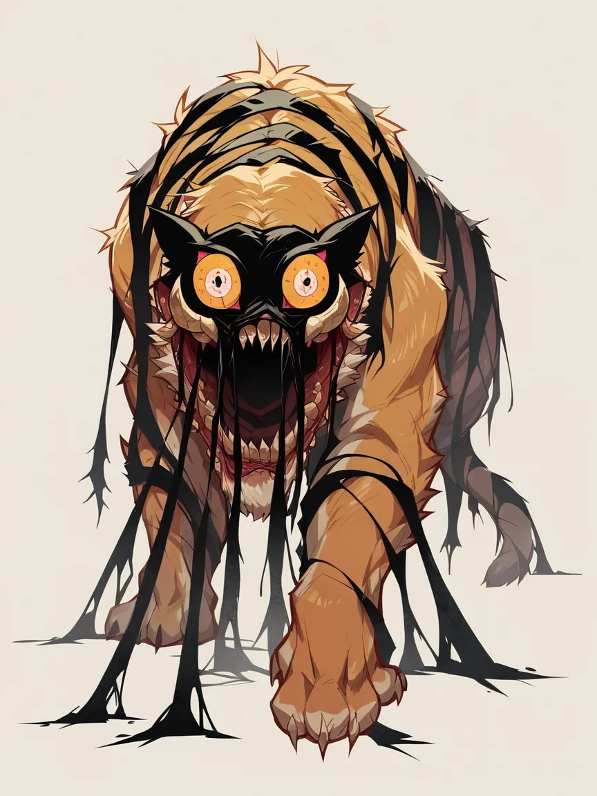score_9, score_8_up, score_7_up, score_6_up, score_5_up, <lora:dreamtigerXLP:1> dream tiger, no humans, solo, teeth, open mouth, monster, horror (theme)