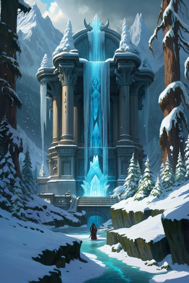 snow-covered winter forest with frozen waterfalls ,cursed seas where kraken priestesses summon maelstroms, the waters concealing drowned god temples, ocean,  dusk,weather raining in the rain cinematic view, epic sky, detailed, concept art, high angle, high detail, warm lighting, volumetric, godrays, vivid, beautiful, trending on artstation, by Satoshi Kon, huge scene, grass,flower, art greg rutkowski,