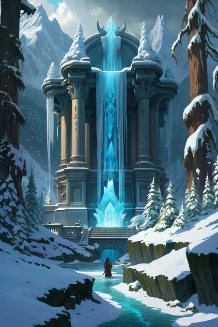 snow-covered winter forest with frozen waterfalls ,cursed seas where kraken priestesses summon maelstroms, the waters concealing drowned god temples, ocean, dusk,weather raining in the rain cinematic view, epic sky, detailed, concept art, high angle, high detail, warm lighting, volumetric, godrays, vivid, beautiful, trending on artstation, by Satoshi Kon, huge scene, grass,flower, art greg rutkowski,