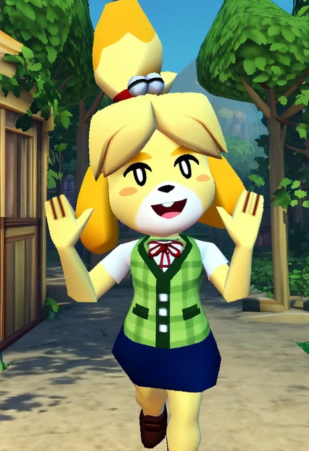 sscore_9, score_8_up, score_7_up, score_6_up, score_5_up, score_4_up, n64zeldastyle, 3d, polygonal, town background, forest background, solo, 1girl, isabelle \(animal crossing\), green vest, plaid vest, red ribbon, blue skirt, waving, looking at viewer, mouth open