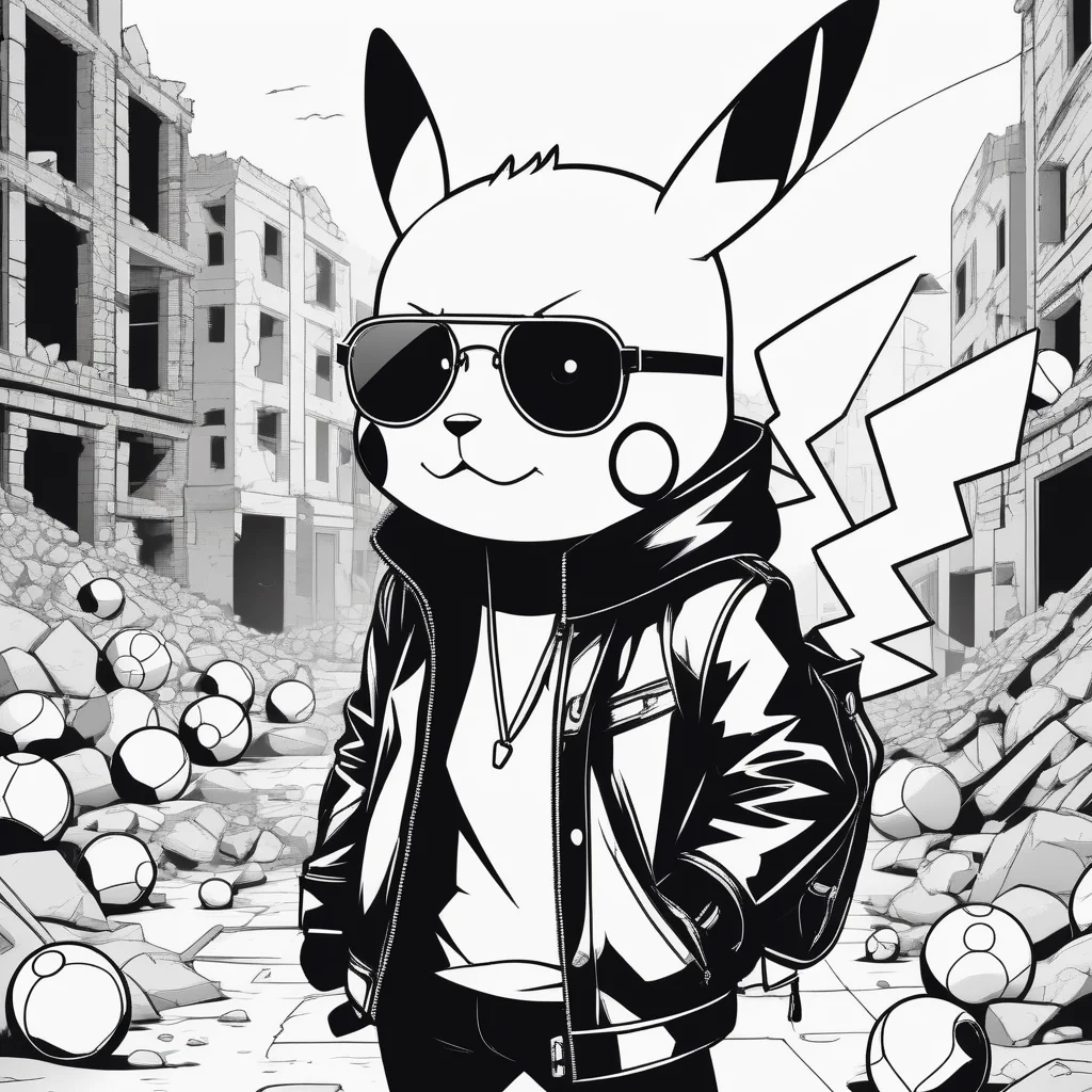 line art drawing An illustration of Pikachu in a leather jacket and sunglasses in a ruined city full of abandoned Pokballs . professional, sleek, modern, minimalist, graphic, line art, vector graphics