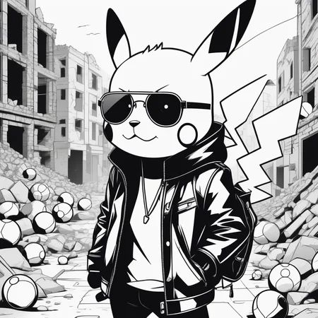 line art drawing An illustration of Pikachu in a leather jacket and sunglasses in a ruined city full of abandoned Pokballs . professional, sleek, modern, minimalist, graphic, line art, vector graphics