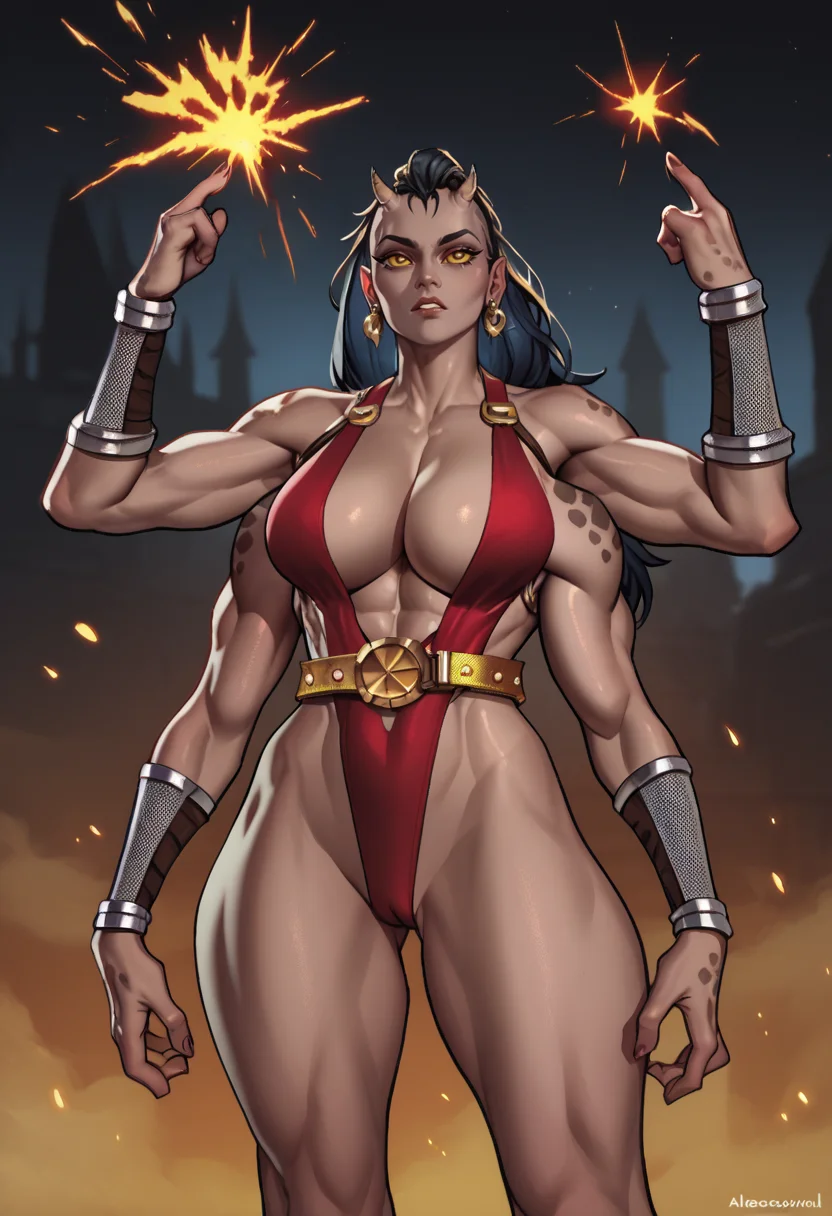 score_9,score_8_up,score_7_up,
sheevaxl,4 arms,yellow eyes,red one-piece swimsuit,gold belt,bracer,earrings,cleavage,black hair,toned,tiny  head horns,
standing,
night,dungeon,<lora:Sheevaxl:0.9>,