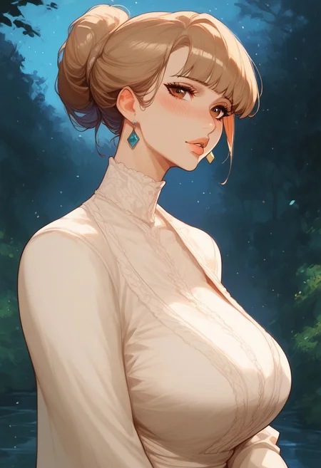 score_9, score_8_up, score_7_up, Expressiveh, masterpiece, g4n1m3, csr style, 1woman, solo, alone, milf, motherly, mother, curvy, chubby, bottom heavy, large hips, round ass, light brown hair, brown eyes, updo, long bangs, lavish clothing, horny, blushing, loving look, in love, outside, bright lighting,
