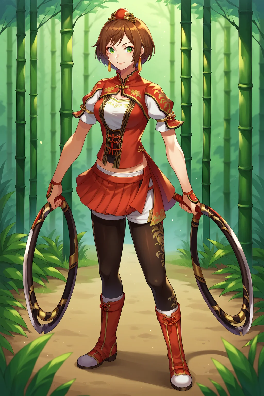 score_9,score_8_up,score_7_up,score_6_up, BREAK sunshangxiang,1girl, solo, brown hair, short hair, green eyes,swept bangs, chinese clothes, red jacket, red skirt, white shirt, shorts under skirt, white short shorts, brown print pantyhose, bamboo forest, holding chakram, dual wielding, tassel earrings, red mini crown, red wrist cuffs, smile, closed mouth,red knee boots, <lora:SunShangXiangPony:1>