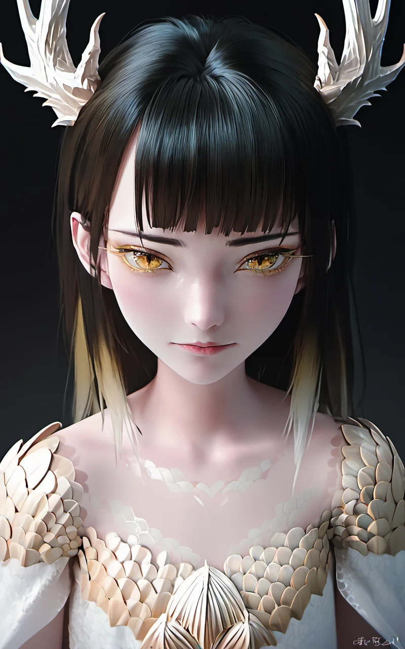 score_9,score_8_up,score_7_up,
<lora:drzhiguiPony3:1>,dragongirl,solo,scale,1girl,black hair,yellow eyes,horns,fish scale,antlers,looking at viewer,upper body,long hair,bangs,pale skin,lips,closed mouth,blunt bangs,collarbone,dragon horns,Child,Gradient hair color,dark background,
