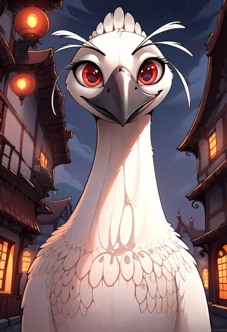 masterpiece, score_9, score_8_up, score_7_up, score_6_up, score_5_up, source_furry, rating_safe, (best quality:1.1), ultra-detailed, high resolution, solo, highly detailed macro illustration, packshen, male, albino peacock, avian, white feathers, black beak, peacock feathers, red markings, long eyelashes, outside, (((beautiful detailed red eyes))), head only, Highly Visible, (((8k))), portrait, sharp focus, perfect lighting, anatomically correct, extremely detailed, shine on body, town, high detail, cute face, Expressiveh, detailed background, OverallDetail, zPDXL2