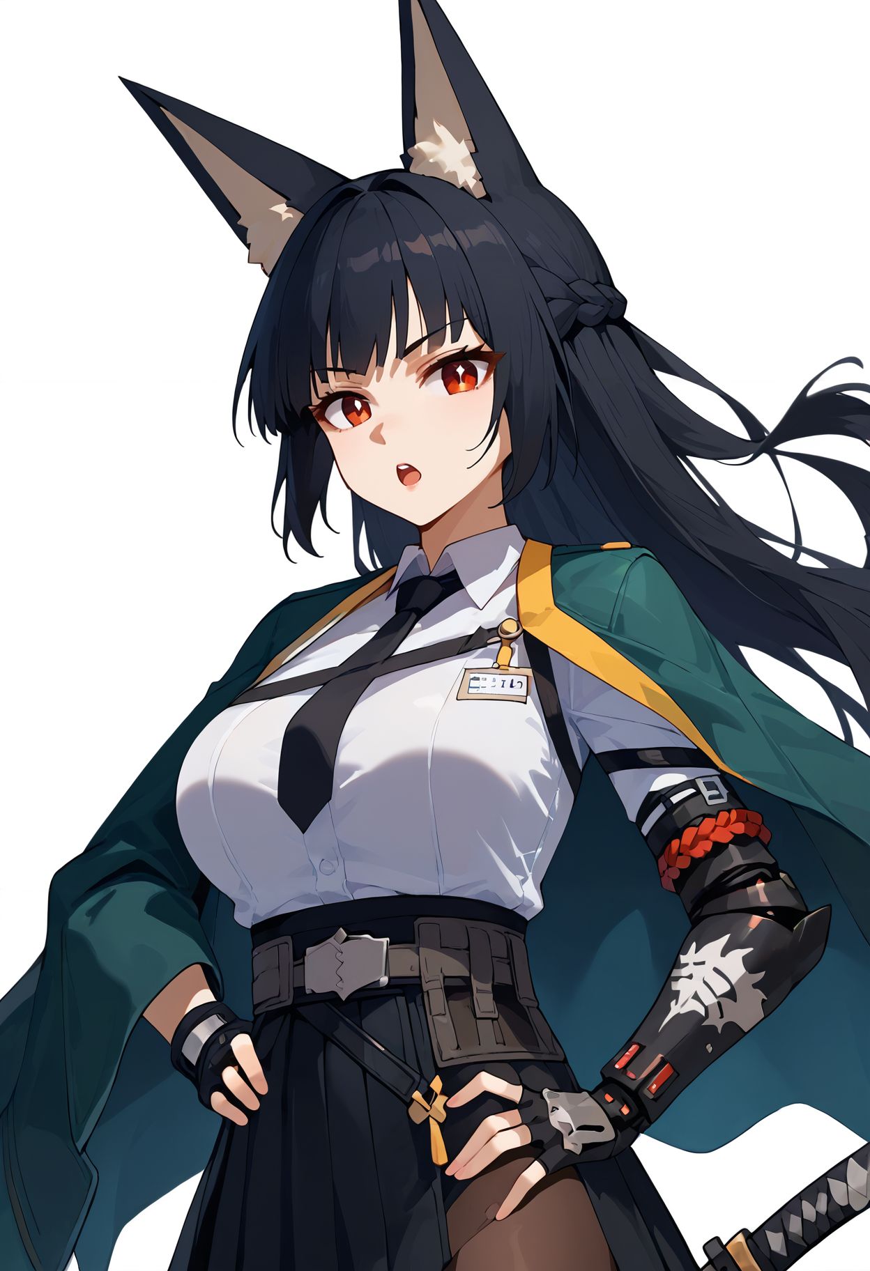 score_9,score_8_up,score_7_up, <lora:hoshimi_miyabi_zzz_pdxl_goofy:1>miyabizzz, 1girl, black necktie, white background, holding weapon, black skirt, holding sword, simple background, large breasts, fingerless gloves, white shirt, braid, collared shirt, black gloves, pantyhose, single gauntlet, hand on own hip, open mouth, thigh strap, single fingerless glove, pleated skirt, long sleeves, belt, mechanical arms, jacket on shoulders, upper teeth only, looking at viewer, green cape, katana