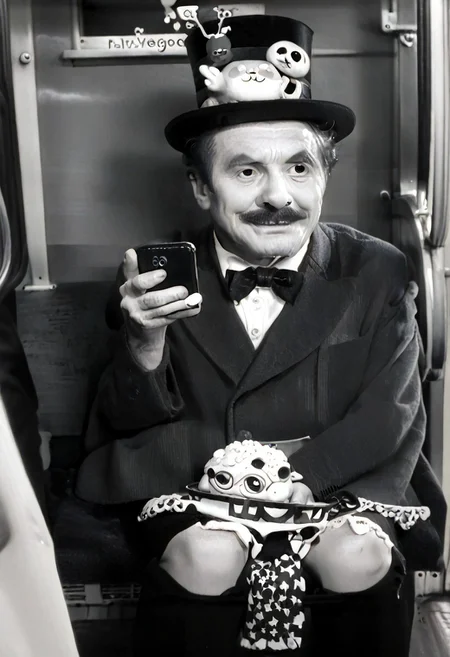 (((black and white, legsonthetra1n, from front, sitting across from viewer, train interior, holding phone, leg focus))),((small man with mustache, top hat, kenbis, chibi, chibi, male only, male, male chibi, monocle, art deco, thick mustache, comically large mustache, handlebar mustache, tiny, multiple men, shrunk, microxl, some little guys, high angle, from above)), bwMovies, realistic, photo, vintage photo, ((very small man, small man, a small man, a man who is small, a small man)), an unapologetically small human male, black and white, smiling, very happy, euphoric, ecstatic, wonderful small men, large smile, huge smile
