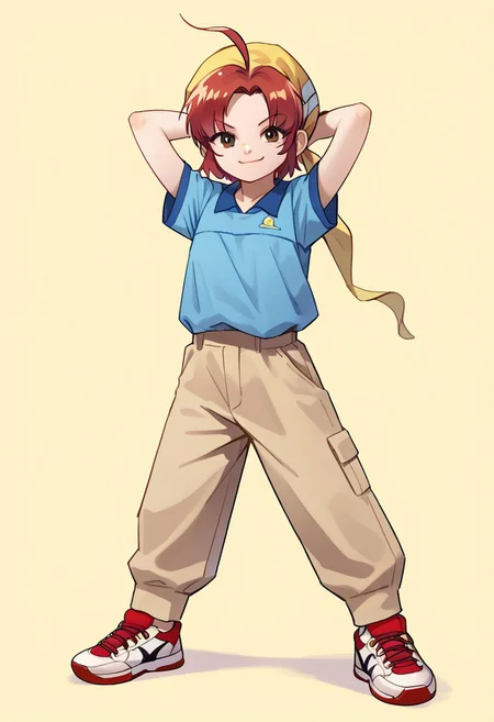 score_8, score_8_up, score_7_up, source_anime, 1girl, female focus, solo, Karin_CR, ahoge, yellow bandana, bandana, red hair, short hair, parted bangs, sidelocks, flat chest, polo shirt, blue shirt, short sleeves, pants, khaki pants, sneakers, full body, facing viewer, looking at viewer, straight on, smile, arms behind head, smug,