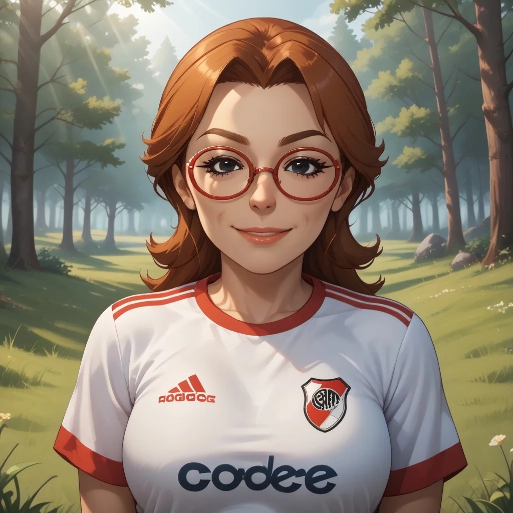 score_9, score_8, BREAK, solo, wii, mii, wii sports, 1girl, female mii, black eyes, auburn hair, brown eyebrows, red glasses, lips, RiverPlate, striped shirt, striped, shirt, white shirt, short sleeves, clothes writing, sportswear, soccer uniform, nintendo mii, modern_mii, classic_mii, breasts, yoshi_(wii_sports), adult female, mature female, sexy pose, self portrait, smile, outdoors, sunlight, shadows, evening lighting, natural lighting, forest, trees, grass, orange sky, sunset