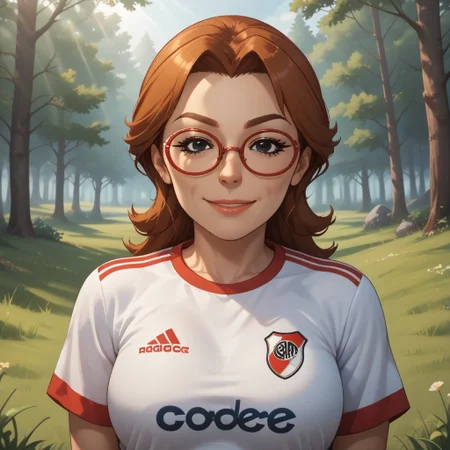 score_9, score_8, BREAK, solo, wii, mii, wii sports, 1girl, female mii, black eyes, auburn hair, brown eyebrows, red glasses, lips, RiverPlate, striped shirt, striped, shirt, white shirt, short sleeves, clothes writing, sportswear, soccer uniform, nintendo mii, modern_mii, classic_mii, breasts, yoshi_(wii_sports), adult female, mature female, sexy pose, self portrait, smile, outdoors, sunlight, shadows, evening lighting, natural lighting, forest, trees, grass, orange sky, sunset