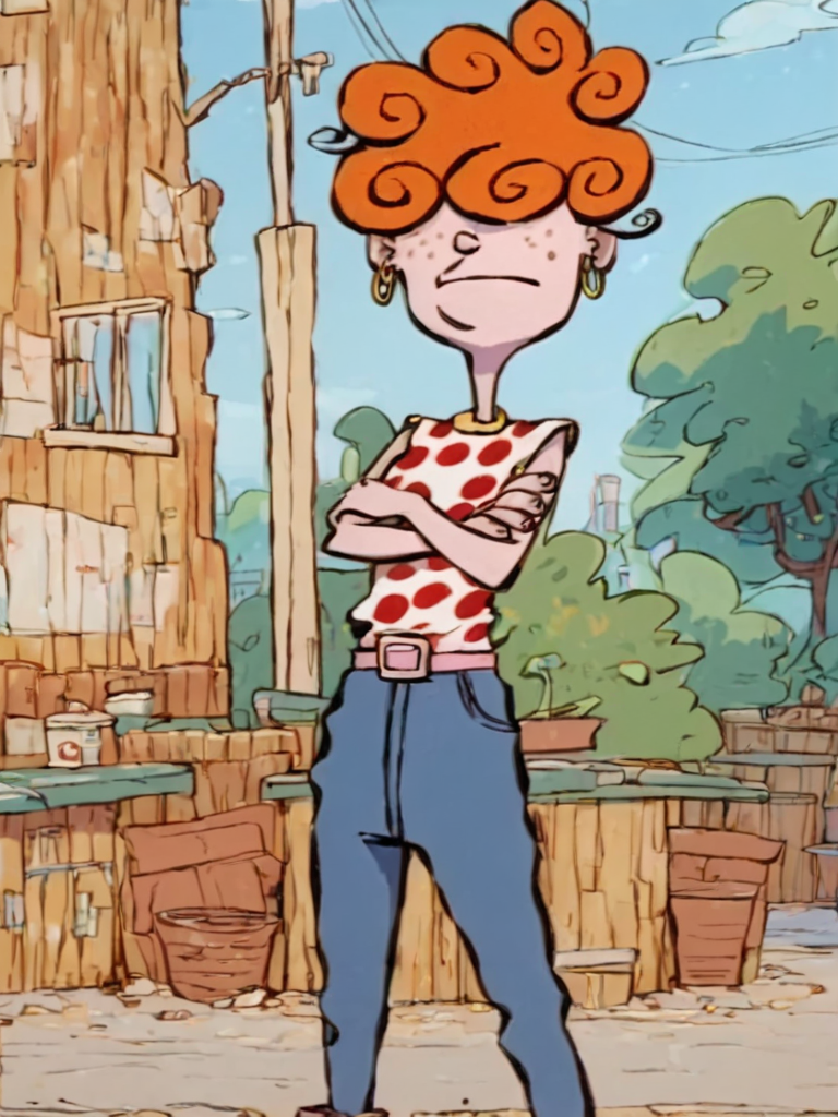 <lora:LeeKankerPony1.0:1.0> leekanker, hair over eyes, orange hair, 1girl, hoop earrings, polka dot clothing, solo, freckles, curly hair, belt,crossed arms,  pants, jeans,outdoors, score_9, score_8_up, score_7_up, score_6_up <lora:Jabstyle_AMXLV1:1>