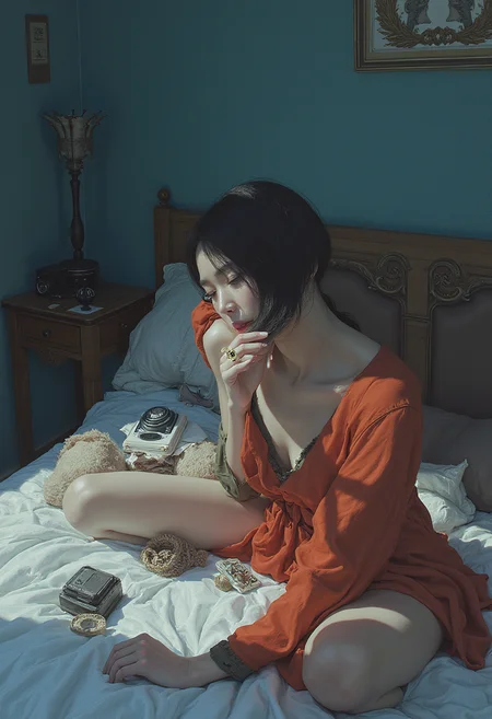 there is a woman sitting on a bed with a camera and a camera, james jean aesthetic, james jean soft light 4 k, james jean soft light 4k, james jean and fenghua zhong, james jean and wlop, style of james jean, james jean color palette, weta studio and james jean, james jean style, james jean artwork,