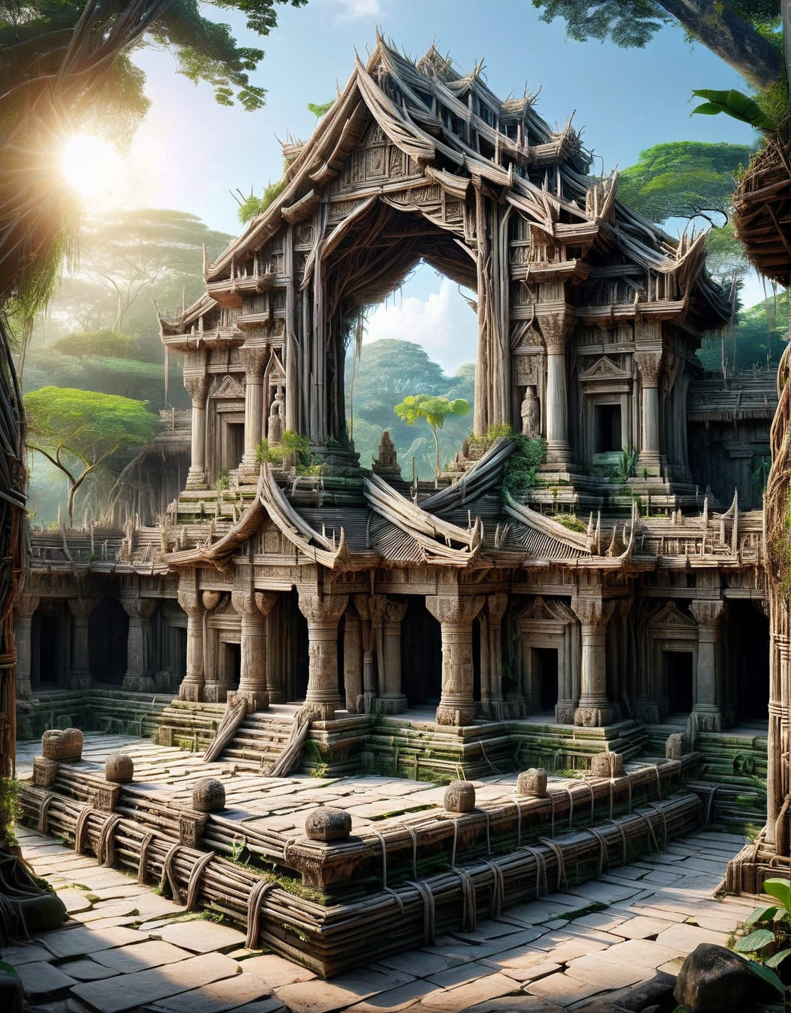 An ais-stcks ancient temple hidden in the jungle, with vines covering the stone architecture, a central courtyard open to the sky, and relics of a lost civilization scattered about <lora:ais-stcks-sdxl:1>