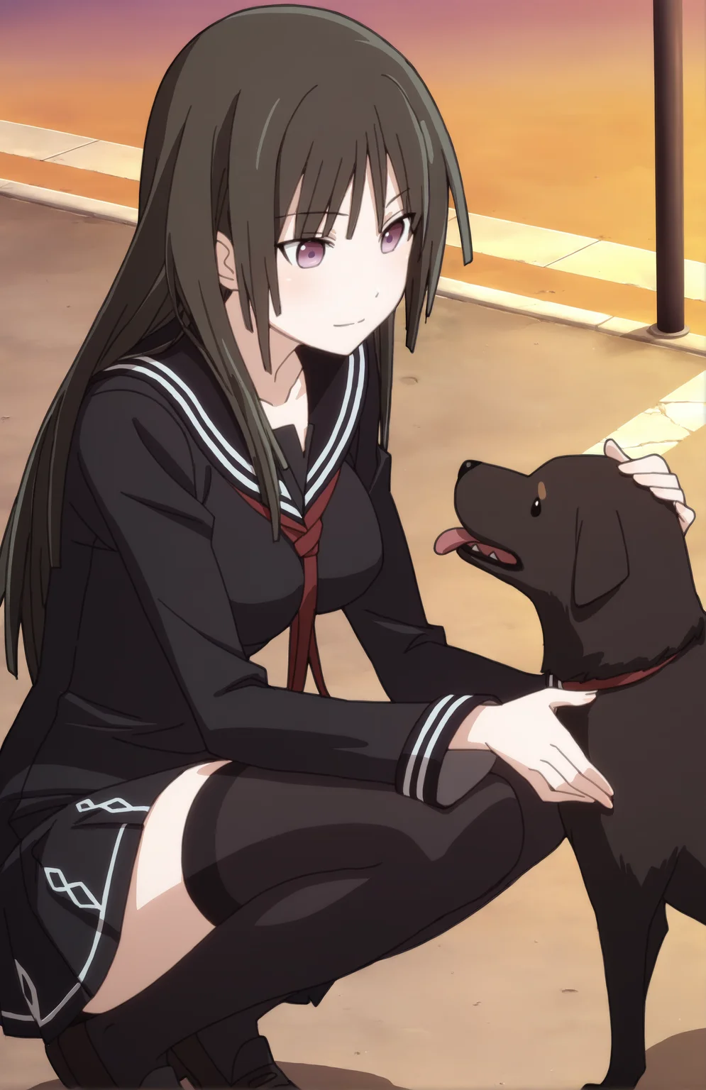 TendouKisara, 1girl, solo, long hair, black hair, purple eyes, school uniform, black serafuku, long sleeves, black thighhighs, squatting, street, evening, dog, hand on dog

